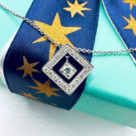 RARE Tiffany & Co. .26 TCW Diamond Open Square Necklace in Platinum w Packaging - Picture 1 of 11